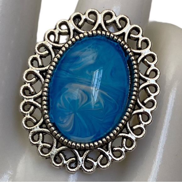 Hand Crafted Jewelry - Svetlana Yeung original handmade white and blue fluid art oval shaped ring